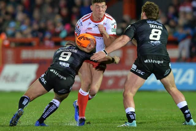 Robbie Mulhern bursts forward in the Hull derby. Photo: Bruce Rollinson