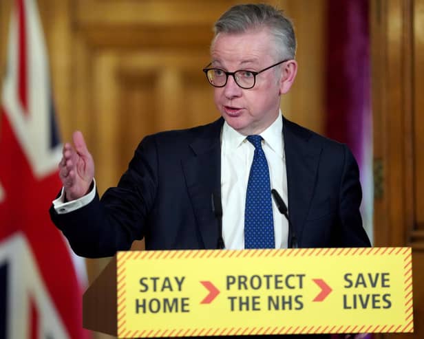 Minister for the Cabinet Office Michael Gove answering questions from the media via a video link during a media briefing in Downing Street. Photo: PA