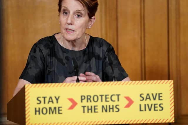 Public Health England medical director Yvonne Doyle answering questions from the media via a video link during a media briefing in Downing Street. Photo: PA