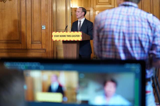 Foreign Secretary Dominic Raab during a media briefing in Downing Street, London, on coronavirus (COVID-19). Photo: Downing Street