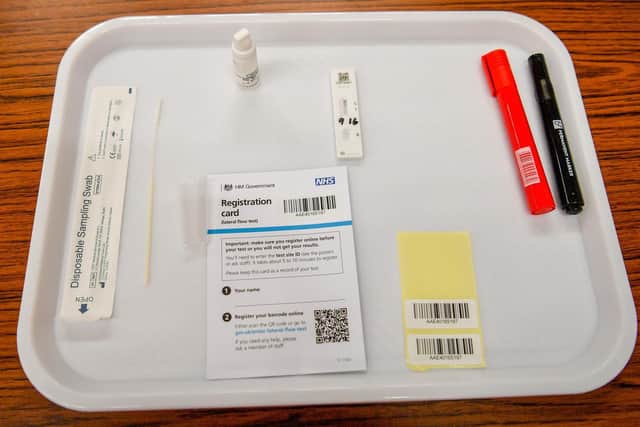 The medical kit used to perform a lateral flow test includes a sterile swab, sterile fluid, sterile vial, barcoded paperwork, marker pens for marking timings and the lateral flow immunoassay diagnostic device, which shows the presence of SARS-CoV-2. Photo: PA