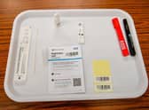 The medical kit used to perform a lateral flow test includes a sterile swab, sterile fluid, sterile vial, barcoded paperwork, marker pens for marking timings and the lateral flow immunoassay diagnostic device, which shows the presence of SARS-CoV-2. Photo: PA