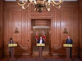 (left to right) Healthcare Epidemiologist Consultant Susan Hopkins, Health Secretary Matt Hancock and NHS England National Medical Director Stephen Powis during a media briefing on coronavirus (COVID-19) in Downing Street, London. Picture date: Monday January 18, 2021. Photo: PA