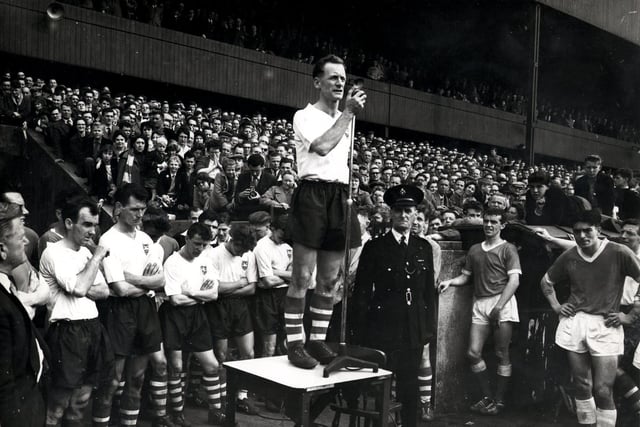 Tom Finney gives a farewell speech after his final game for Preston North End