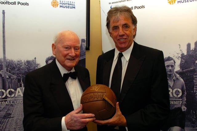 Sir Tom Finney with Mark Lawrenson at the Football Museum when it was housed at Deepdale