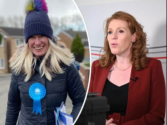 Left, Conservative Party co-chairman Amanda Milling on a visit to Yorkshire, and right, Labour deputy leader Angela Rayner, launching the party's local election campaign. Photos: CCHQ/PA