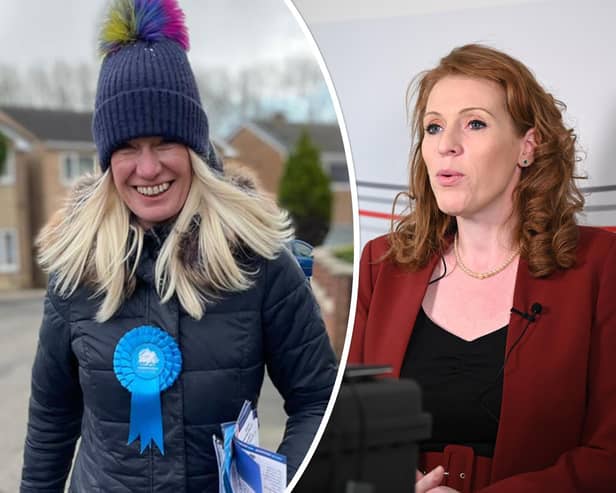 Left, Conservative Party co-chairman Amanda Milling on a visit to Yorkshire, and right, Labour deputy leader Angela Rayner, launching the party's local election campaign. Photos: CCHQ/PA