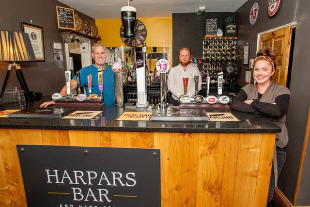 Rainer Barnes director of Harpars Bar, Cameron Phillips Assistant Manager and Claire Farrell director of Harpars Bar EMN-200629-164309001