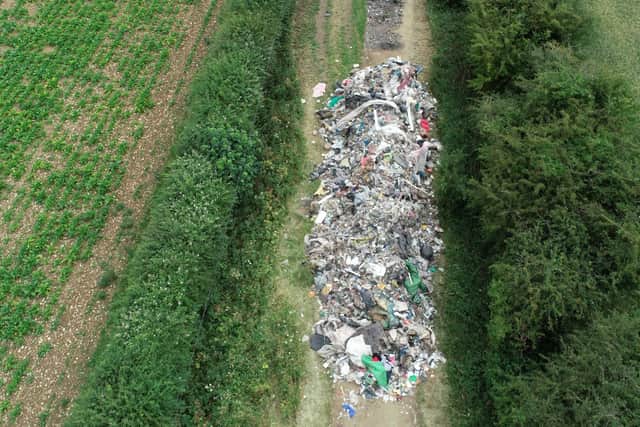 An overhead view of the 30-40 tonnes of waste illegally dumped on Pottergate at Leadenham. Photo: Paul Sproxton EMN-200707-122336001