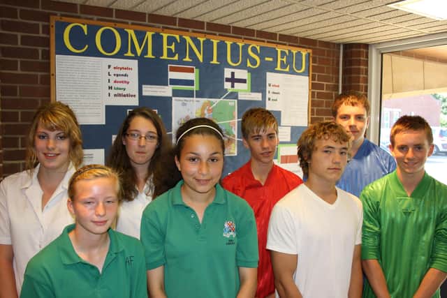 Eight of the nine due to visit Germany’s Das Gymnasiumam Rothenbühl. Pictured
(back, from left) Laura Swain, 15, Harriet Housan, 15, Thomas Lassetter, 15, and Liam
Chambers, 14; (front) Alice Flint, 15, Ama Annous, 12, Nathan McClure, 15, and Sam
Johnson, 15. Unavailable for the shoot, Aiden McClure, 16.