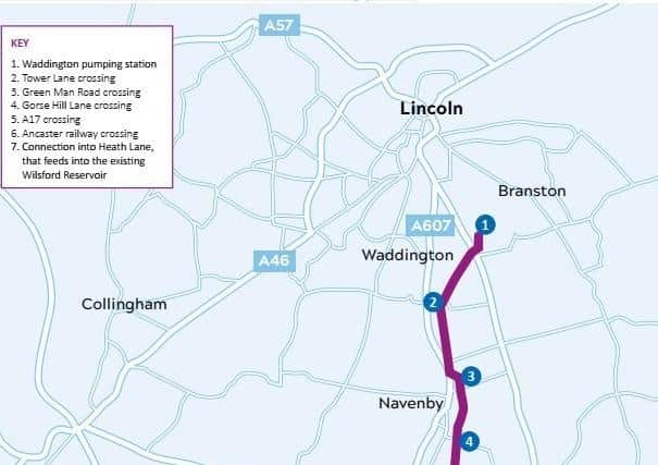 The route of the proposed water pipeline from Waddington to Ancaster, joining up with the existing reservoir at Wilsford. EMN-201007-110209001