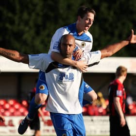 Jason Lee celebrates at Histon with Marc Newsham. Photo: David Shipman.