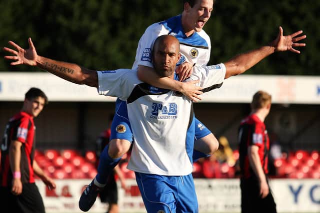 Jason Lee celebrates at Histon with Marc Newsham. Photo: David Shipman.