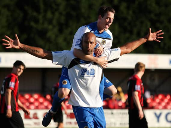 Jason Lee celebrates at Histon with Marc Newsham. Photo: David Shipman.