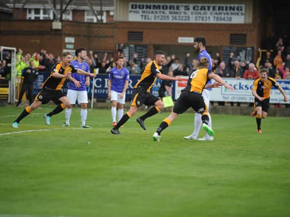 Garner celebrates scoring against Chorley in the 2015 play-off semi-final.