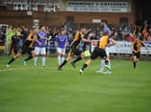 Garner celebrates scoring against Chorley in the 2015 play-off semi-final.