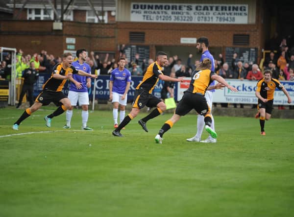 Garner celebrates scoring against Chorley in the 2015 play-off semi-final.