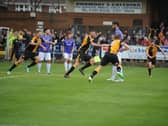 Garner celebrates scoring against Chorley in the 2015 play-off semi-final.