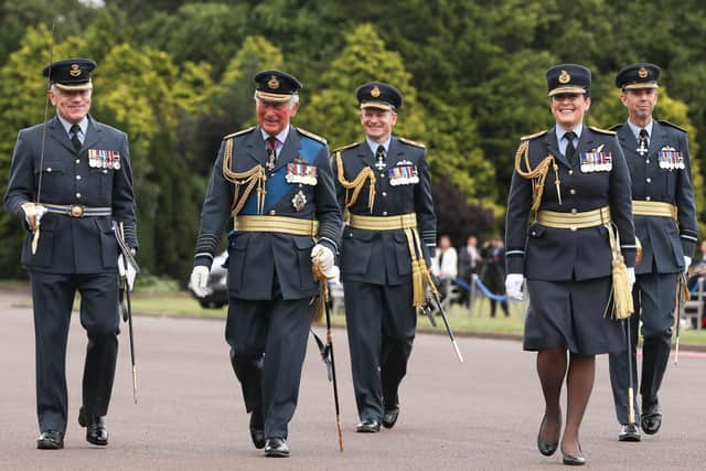 The Prince arrives on the parade ground for the Sovereign's Review at Cranwell.