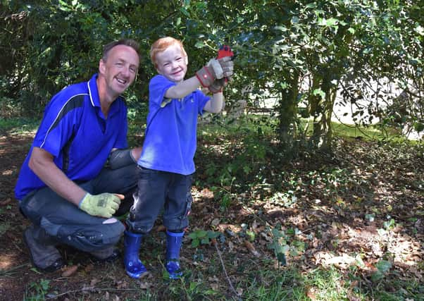 Five-year-old Alexander Lunn busy pruning with his dad Jonathan. Picture John Edwards