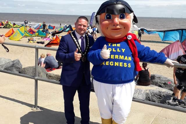 Mayor of Skegness Coun Mark Dannatt speaking out for Skegness with the Jolly Fisherman.