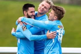 Knowles, Wright and Thewlis won promotion together with Harrogate Town. Photo: @RussellDossett
