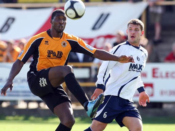 Simon Ainge in action for Guiseley at York Street during the 2011 play-off semi-final.