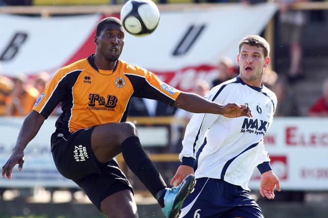 Simon Ainge in action for Guiseley at York Street during the 2011 play-off semi-final.
