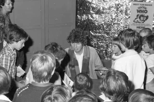 Tom Baker in 1979 during his second visit to Oldrids to meet Doctor Who fans.