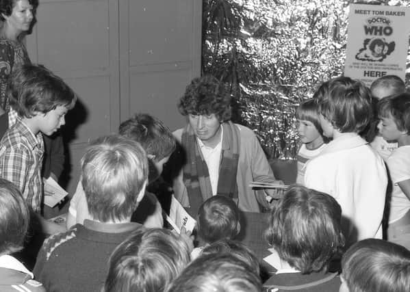 Tom Baker in 1979 during his second visit to Oldrids to meet Doctor Who fans.