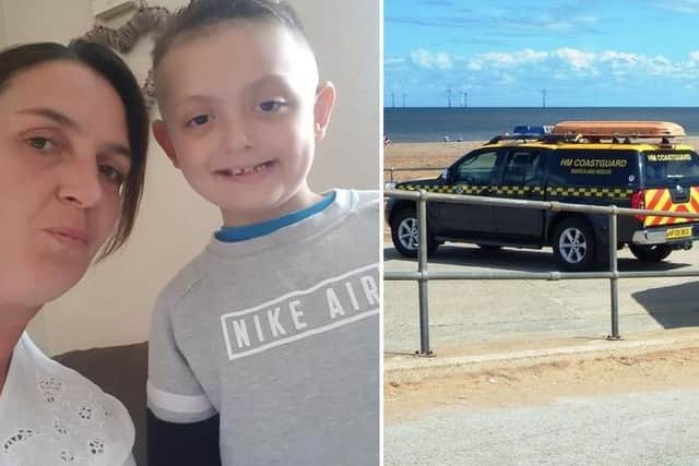 Lucky to be alive - Kelly Cummings, 38, and her five-year-old son Zayn. RNLI lifeguards and the Coastguard are appealing for visitors to be extra vigilant and to watch out for orange flag warnings.