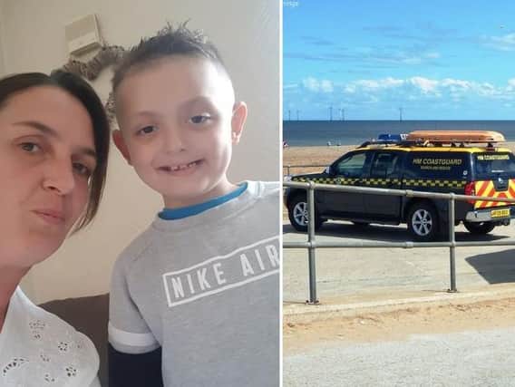 Lucky to be alive - Kelly Cummings, 38, and her five-year-old son Zayn.  RNLI lifeguards and the Coastguard are appealing for visitors to be extra vigilant and to watch out for orange flag warnings.