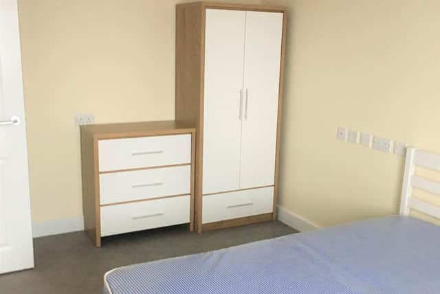 The bedroom area of one of the new homes with wide open plan areas to enable easy manoeuvring in a wheelchair and easy low level access work tops. EMN-201008-141331001