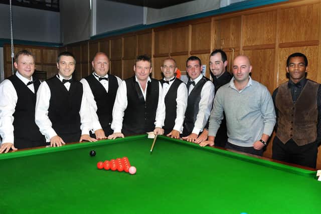 Jimmy White pictured with his challengers (l-r) Richard Shaw, Andrew Copeland, Gvain Robson, Jimmy white, Paul Edleston, Matt Lindley, Anthony Wood, Matt Sinclair and Keith Paul. Photo: 3178mf.