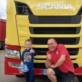 Joe with Fairburns lorry driver Dave Hockenhull; Joe and Fairburns NHS Rainbow Truck;