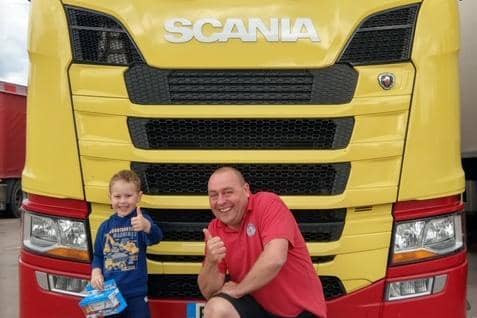 Joe with Fairburns lorry driver Dave Hockenhull; Joe and Fairburns NHS Rainbow Truck;