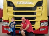 Joe with Fairburns lorry driver Dave Hockenhull; Joe and Fairburns NHS Rainbow Truck;
