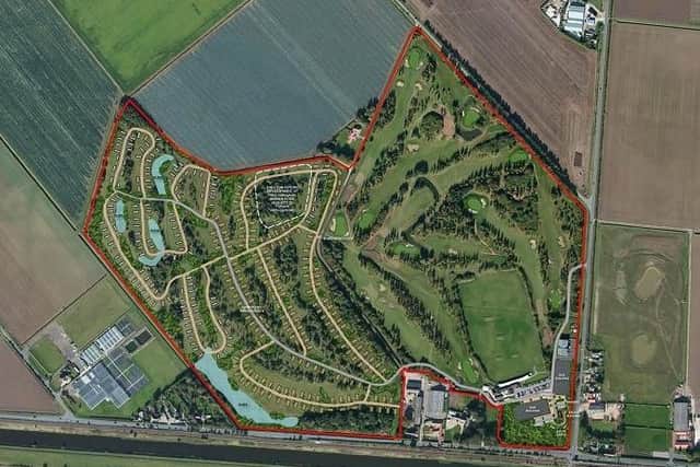 An aerial photograph showing the site boundary and plans within it.