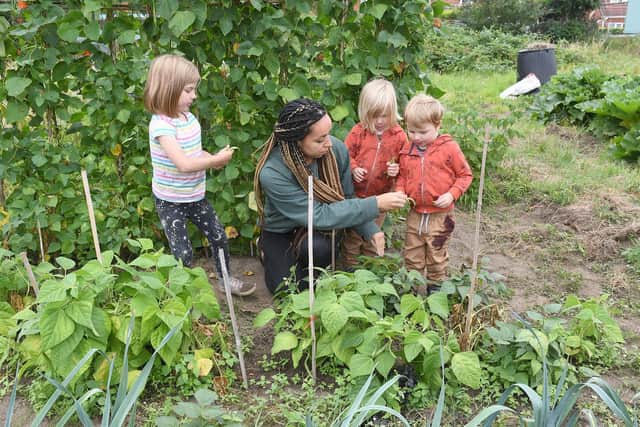 Mum Nathalie Elesia with (from left) Maci Dan, 6, and twins Matthias Dan, 3, and Ethan Dan, 3, at Spilsby Allotments.
