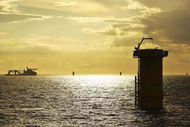 Sunset over the Triton Knoll project after installation of the final foundation.