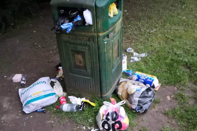 Just one example of an overflowing litter bin at Hubbard’s Hills earlier this month. Photo: Lynne Cooney.