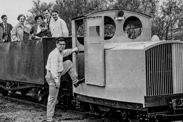 Original opening photo from August 27, 1960: The first train on the line at Humberston - diesel loco No. 1 Paul (Motor Rail ‘Simplex’ 3995 of 1926 ) and one open coach built on the frames of First World War Class D wagon. Pictured from left are: Mr Woolhouse Senior, founder William Woolhouse, Mrs S C Tovey (wife of one of the original directors, who performed the opening ceremony), directors Mrs Ann Rogers, Jeff Rogers, and Fred Boothby. The driver is John Chapel and the boy with the flag, Graham Boothby. Photo: courtesy William Woolhouse collection/LCLR.