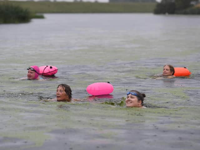 Swimming up river at Tattershall Bridge (from left)  Sheila Deith, Corinne Grayston, Helen Chester and Tina Platts..