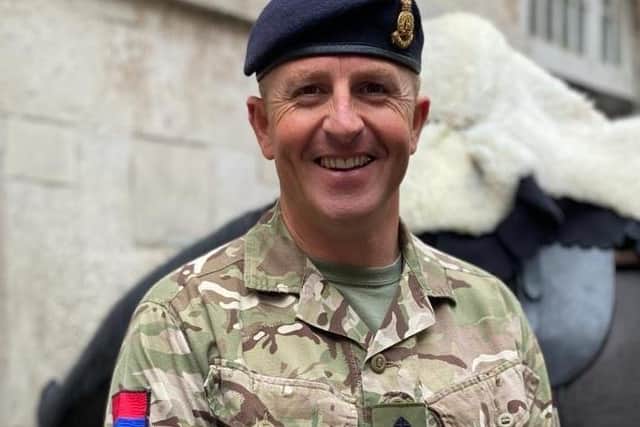 Captain Harry Grantham outside Headquarters London District, Horse Guards Parade, where he works as the Officer responsible for Equine Assurance in London District. Photo: British Army EMN-200409-211511001