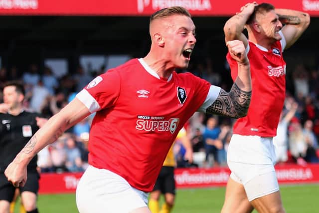 Askew celebrates winning National League North title. Photo: Getty Images