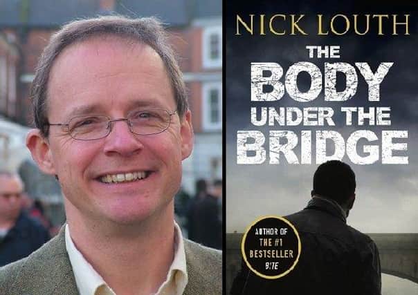 Nick Louth, alongside the front cover of his latest novel.