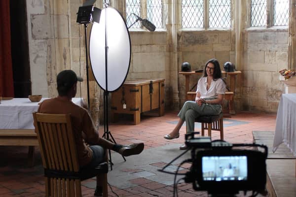 Anna Scott, Mayflower 400 Officer at West Lindsey District Council being interviewed at Gainsborough Old Hall as part of the online documentary