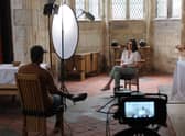 Anna Scott, Mayflower 400 Officer at West Lindsey District Council being interviewed at Gainsborough Old Hall as part of the online documentary