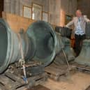 Ruskington church being taken away for repair. Alwyn Kirk with the bells. EMN-200921-170122001