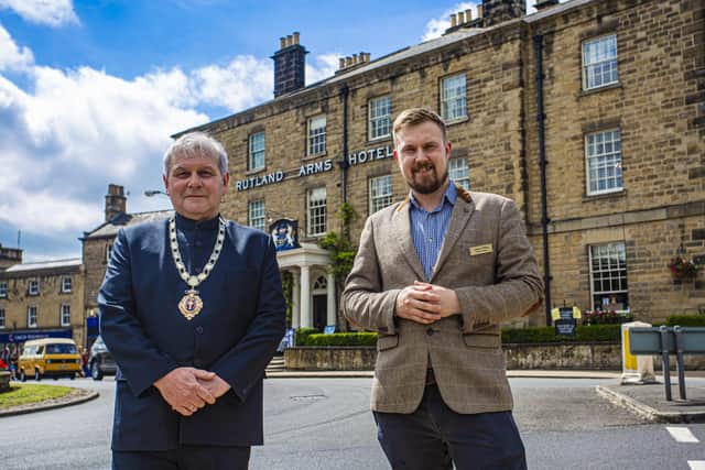 The re-opening of The Rutland Arms in Bakewell, showing the Mayor Coun Paul Morgan with the general manager Jamie Chilton.
